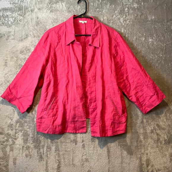 Eileen Fisher Sz 2X 100% Linen Open-Front Cropped Blazer Jacket Striped Pink - Picture 1 of 6